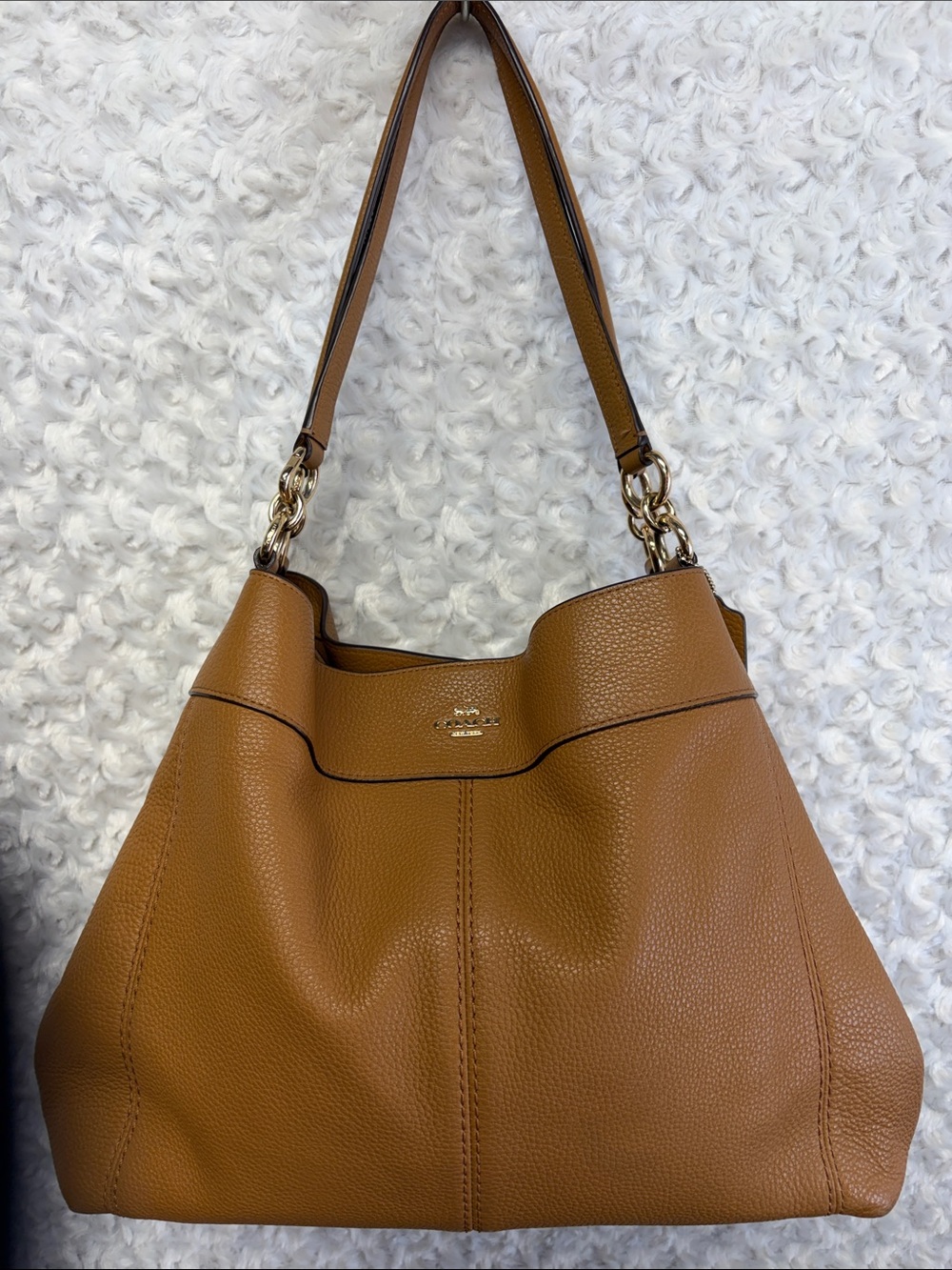 Coach Lexy Pebbled Leather Shoulder Bag in Saddle Brown with Gold Hardware